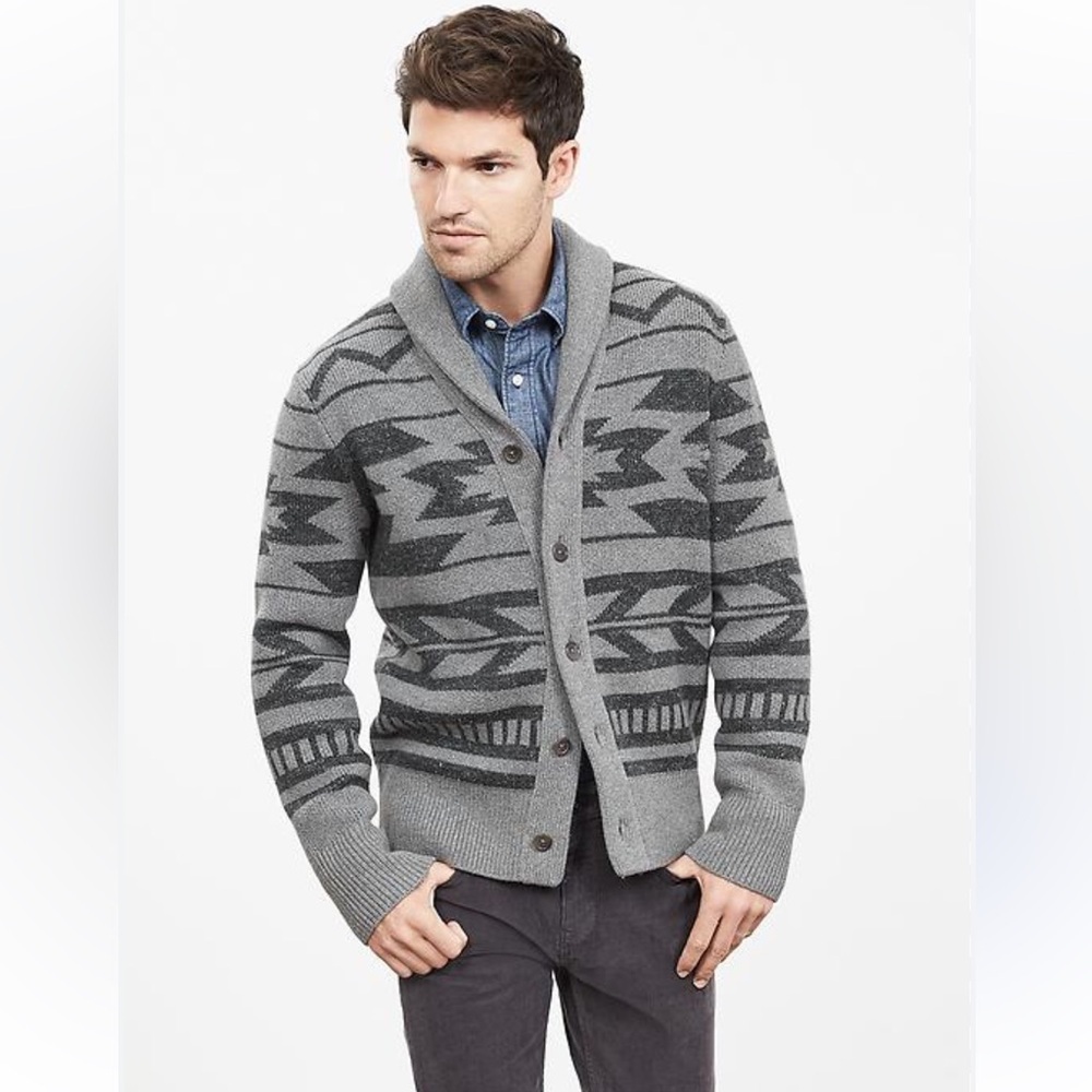 Banana Republic men’s grey graphic shaw collar cardigan wool linen blend Aztec